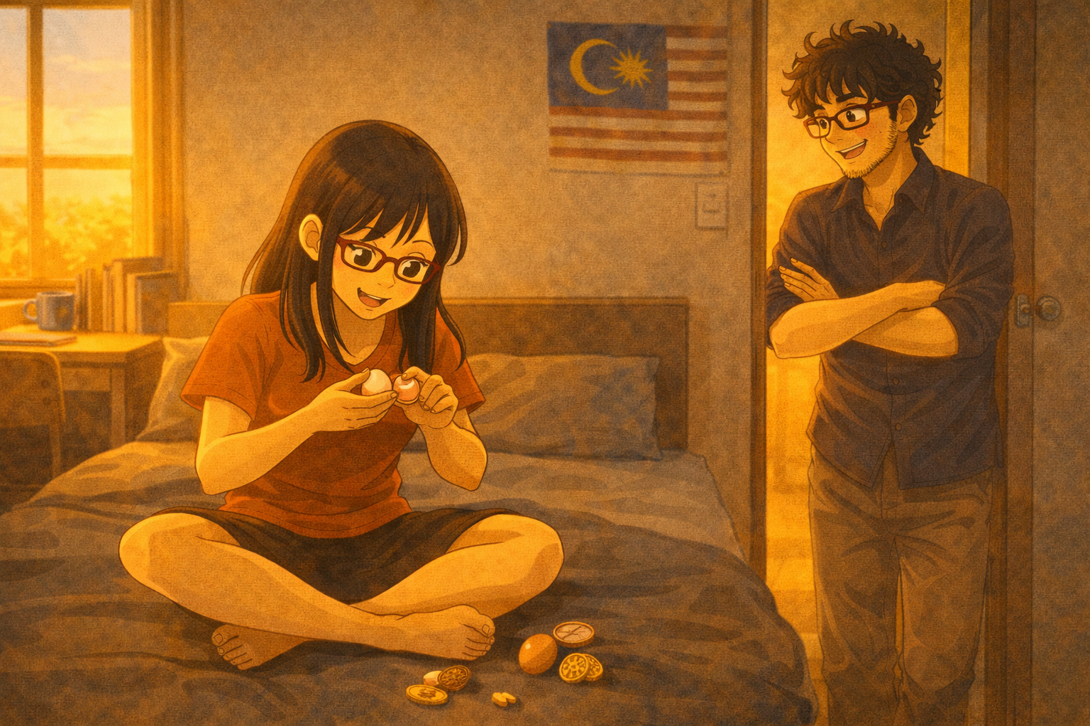 A small apartment — Mia opening a kinder egg with childlike delight, small gifts scattered around her. Faris in the doorframe, grinning proudly.